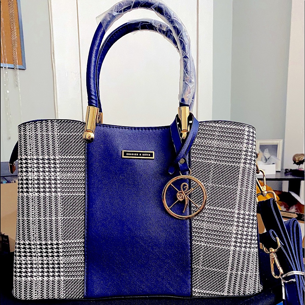 Beautiful Blue Leathery and Plaid Handbag
